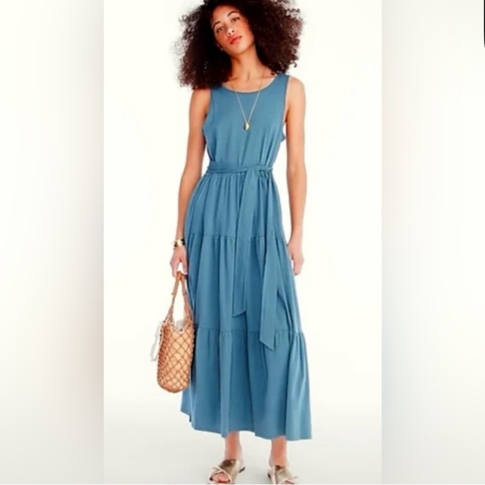 J.Crew Reimagined Broken In Jersey Tiered Teal Belted Maxi Dress